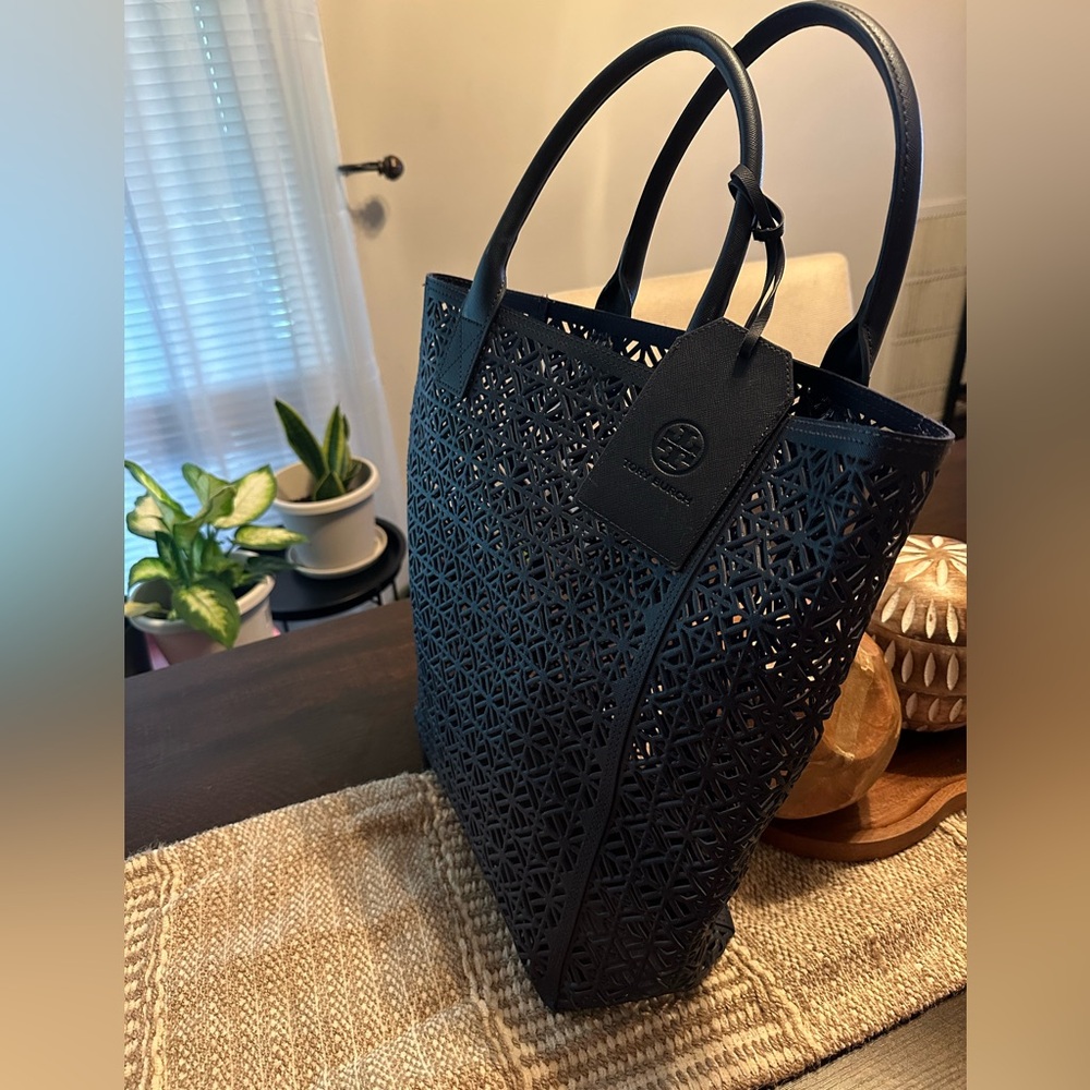 Tory Burch Navy Laser-Cut Tote - Picture 2 of 13